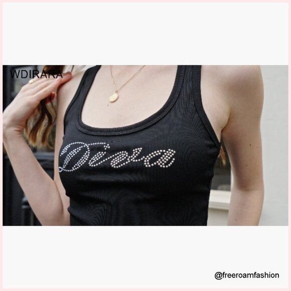 Rhinestone Letter Racerback Crop Tank Top Rib Knit Square Neck Sleeveless - Picture 7 of 7